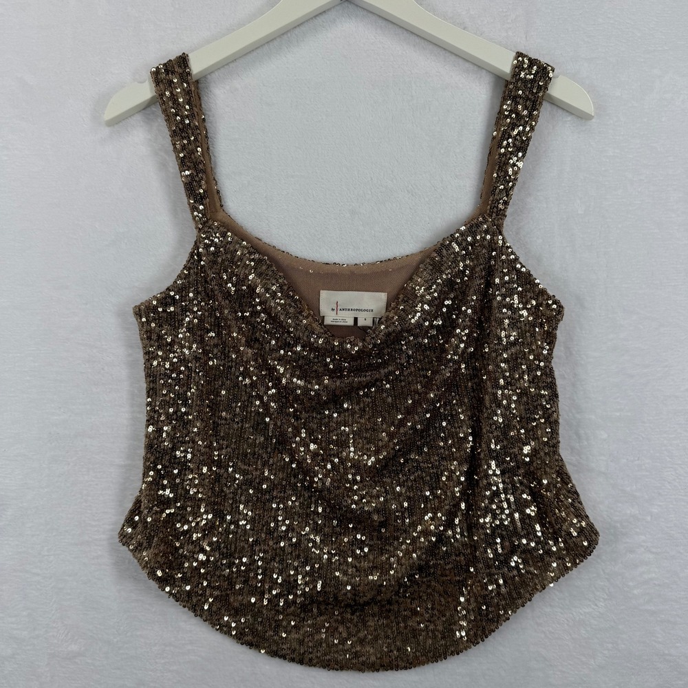 By Anthropologie Gold Sequin Cowl Neck Spaghetti Strap Tank Top Womens Size S